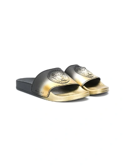 Young Versace Ombré Medusa Plaque Sandals In Black