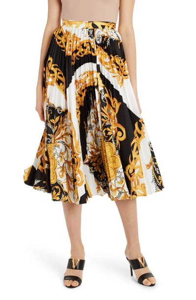 Shop Versace Pleated Barocco Acanthus Print Midi Skirt In White/ Black/ Gold