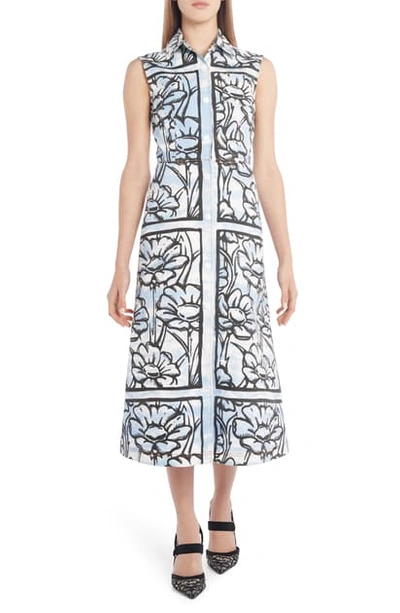 Shop Fendi Sky Floral Print Midi Denim Shirtdress In Piano