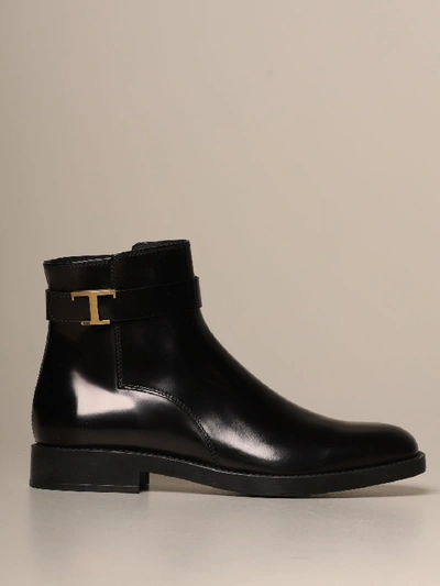 Shop Tod's Ankle Boot In Brushed Leather With Metal T Buckle In Black