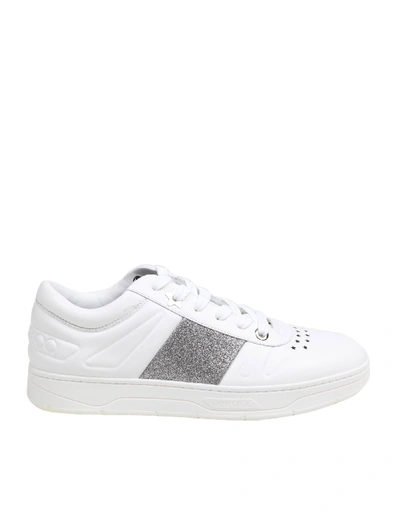 Shop Jimmy Choo Hawaii / M Leather Sneakers In White/silver