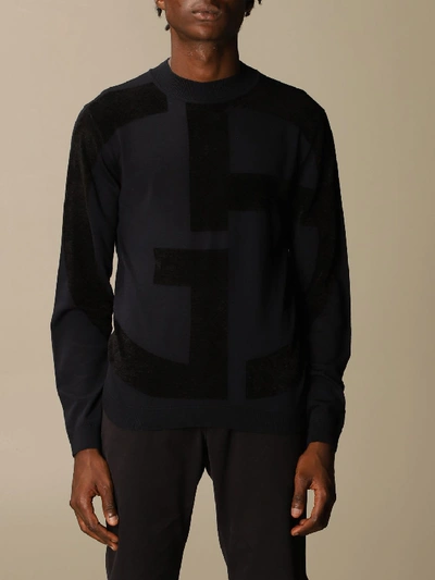 Shop Giorgio Armani Sweater In Virgin Wool With Big Logo In Blue