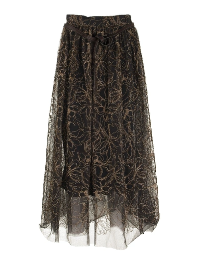 Shop Brunello Cucinelli Skirt Raw Embroidery Tulle Skirt In Brown/beige
