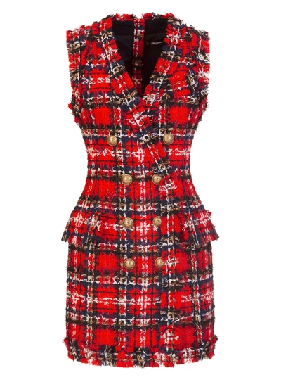 Shop Balmain Tartan Tweed Dress In Rosso