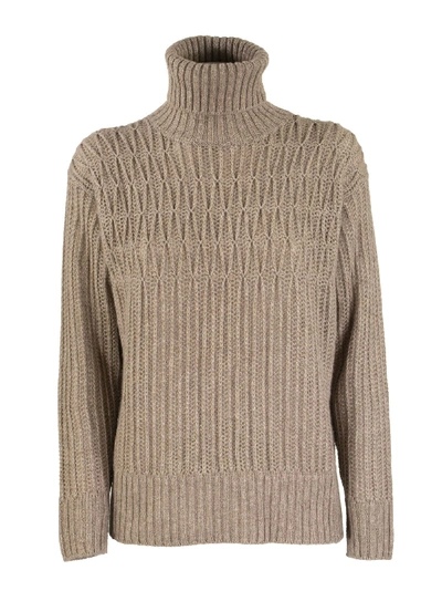 Shop Agnona Cashmere Turtleneck Sweater Mixed Points In Beige