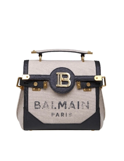 Shop Balmain B-buzz 23 Handbag In Natural / Black Canvas With Logo