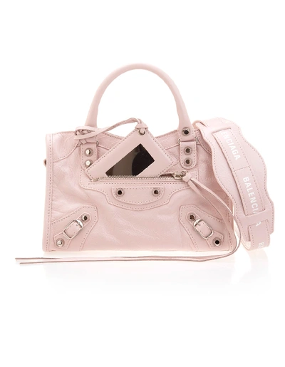 Shop Balenciaga Light Pink Classic Mini City Logo Strap Bag In Light Rose/l White