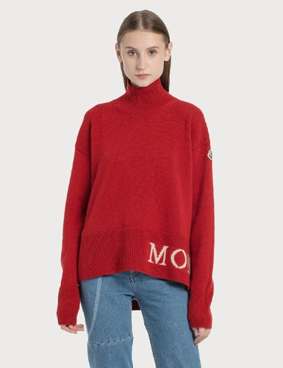 Shop Moncler Turtleneck Logo Knit Pullover In Red