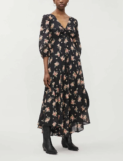 Shop Free People Sea Glass Floral-print Cotton Maxi Dress In Black+combo