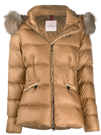 Shop Moncler Fur-trimmed Hood Quilted Jacket In Brown