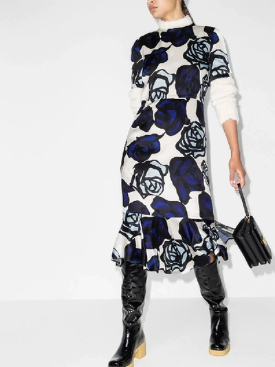 Shop Marni Floral-print Ruffle-hem Midi Dress In Blue