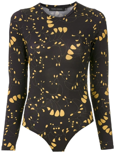 Shop Andrea Marques Printed Long Sleeves Bodysuit In Black