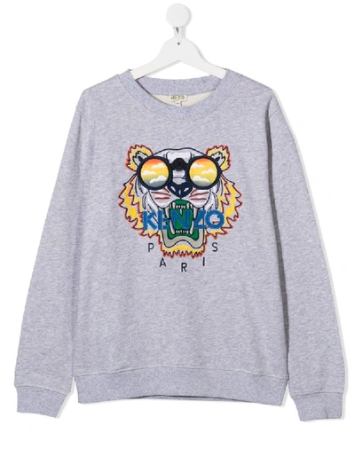 Shop Kenzo Teen Tiger Embroidered Cotton Sweatshirt In Grey