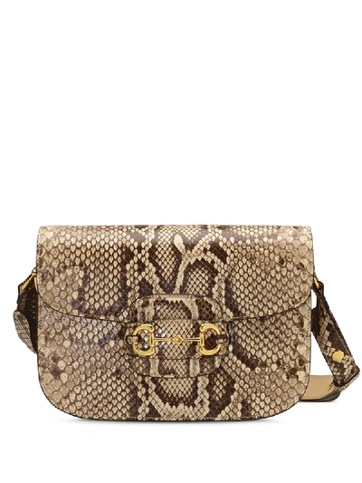 Shop Gucci 1955 Horsebit Snake-effect Shoulder Bag In Neutrals