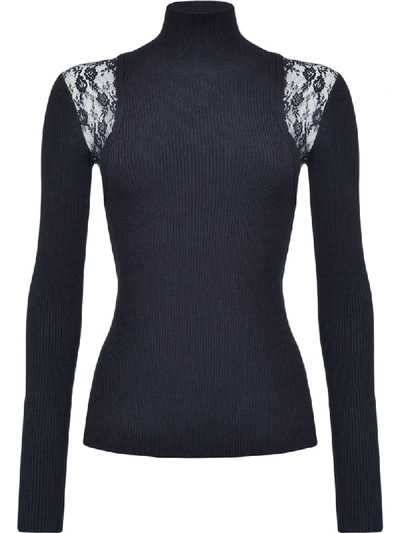 Shop Pinko Lace-detail Ribbed Knit Top In Black