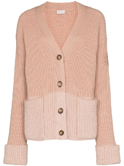 Shop Moncler Colourblock Ribbed-knit Cardigan In Pink
