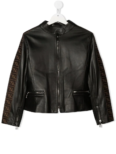 Shop Fendi Teen Ff Trim Biker Jacket In Black