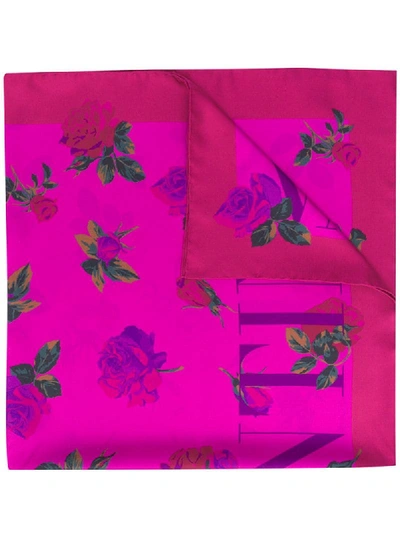 Shop Valentino Rose Print Silk Scarf In Pink