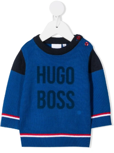 Shop Hugo Boss Logo Cotton Knit Jumper In Blue