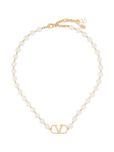 Shop Valentino Vlogo Pearl Necklace In Gold