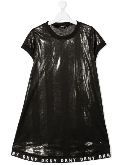 Shop Dkny Metallic Mesh Stripe Dress With Logo Hem In Black