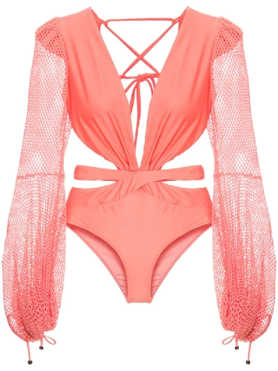 Shop Patbo Mesh-sleeve Swimsuit In Pink