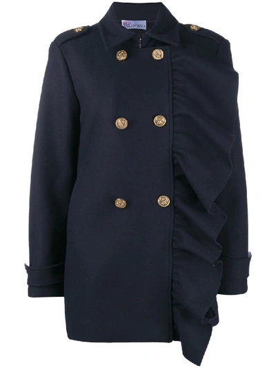 Shop Red Valentino Ruffled Trim Double-breasted Coat In Blue