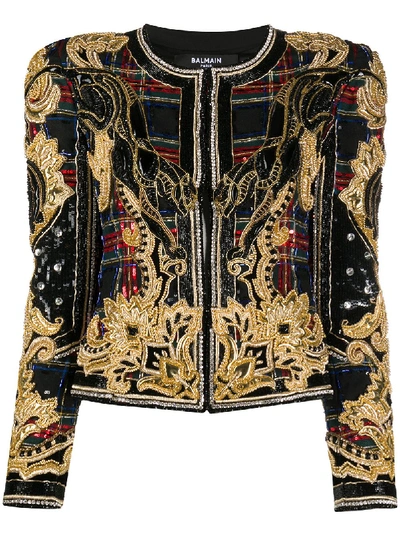 Shop Balmain Sequin-embellished Checked Jacket In Black