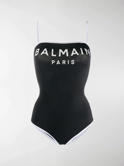 Shop Balmain Logo Swimsuit In Black