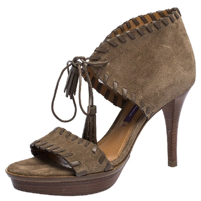 Pre-owned Ralph Lauren Brown Suede Whipstitch Tassel Lace Ankle Wrap Platform Sandals Size 36
