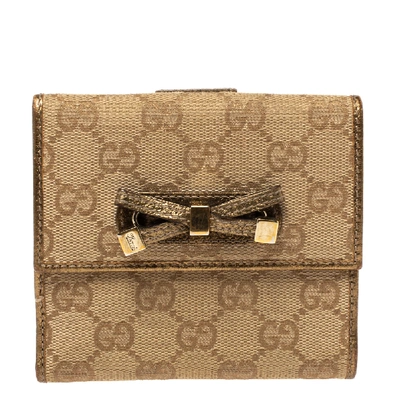 Pre-owned Gucci Gold/beige Gg Canvas And Leather Princy Compact Wallet