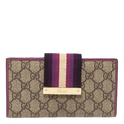 Pre-owned Gucci Purple Gg Supreme Canvas And Leather Web Limited Edition Flap Wallet