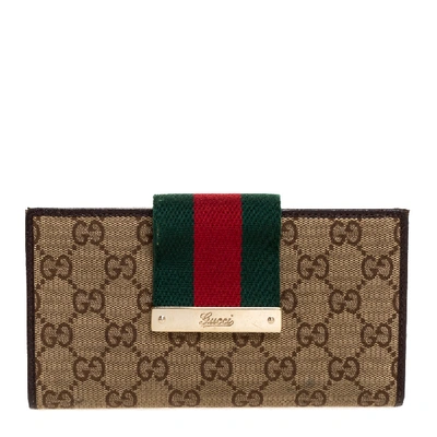 Pre-owned Gucci Brown/beige Gg Canvas And Leather Web Flap Continental Wallet