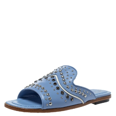 Pre-owned Tod's Blue Leather Studded Flat Slides Size 37