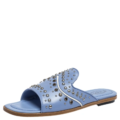 Pre-owned Tod's Blue Leather Studded Flat Slides Size 37.5