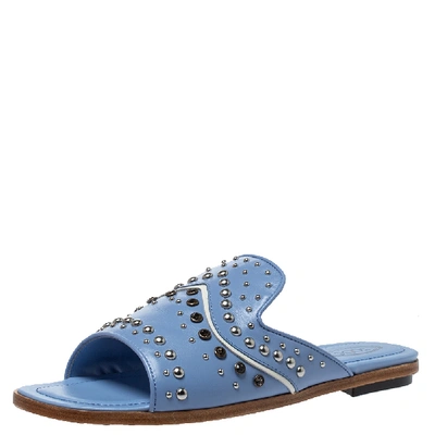 Pre-owned Tod's Blue Leather Studded Flat Slides Size 39