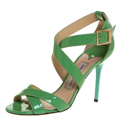 Pre-owned Jimmy Choo Green Patent Leather Louise Ankle Strap Sandals Size 37