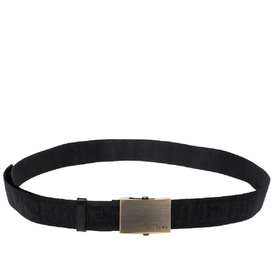 Pre-owned Fendi Black Zucca Nylon And Leather Buckle Belt 105cm