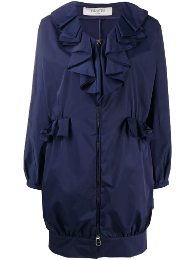 Pre-owned Valentino Ruffled Trim Hooded Parka In Blue