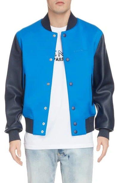 Shop Givenchy Logo Mixed Media Bomber Jacket In Navy/blue