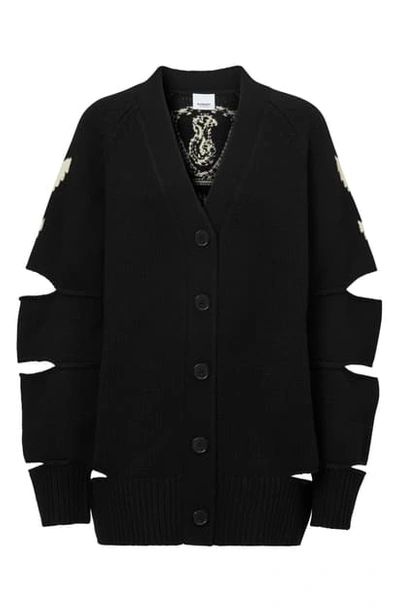 Shop Burberry Intarsia Crest Notched Merino Wool & Cashmere Cardigan In Black