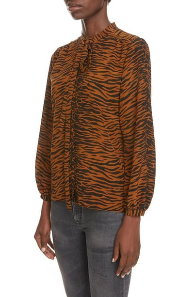 Shop Saint Laurent Tiger Print Tie Neck Silk Blouse In Leopard
