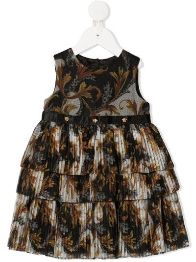 Shop Young Versace Pleated Baroque-pattern Print Dress In Black