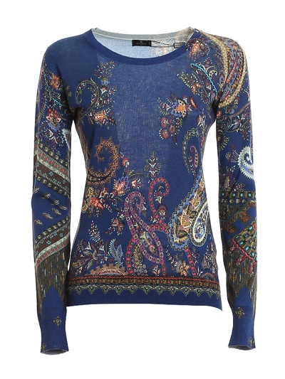 Shop Etro Silk Blend Paisley Print Sweater In Blue