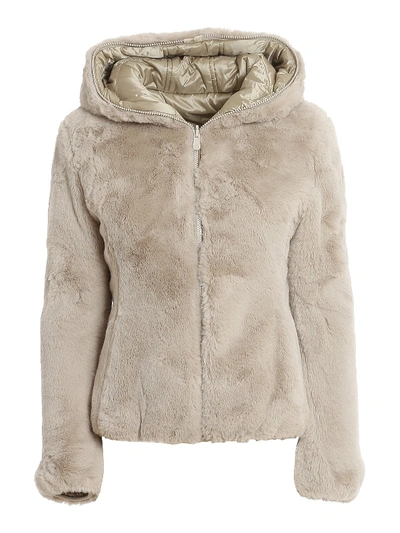 Shop Save The Duck Eco Fur And Nylon Reversible Padded Jacket In Beige