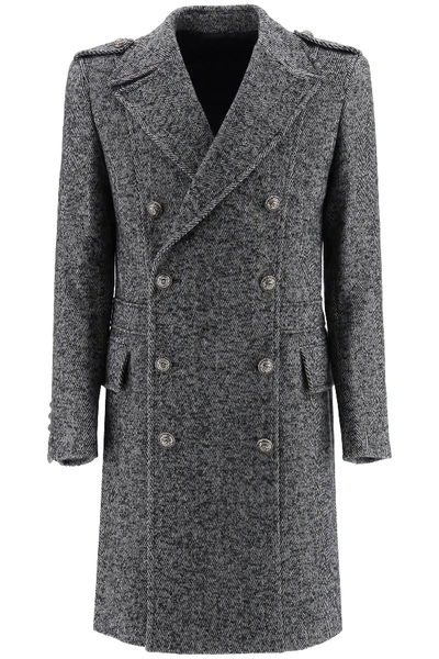 Shop Balmain Chevron Wool Coat In Grey,black
