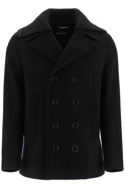 Shop Dolce & Gabbana Peacoat With Wool Collar In Black