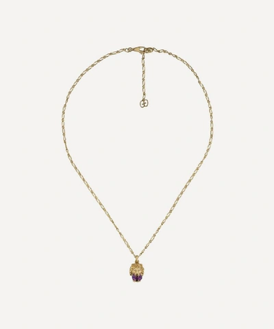 Shop Gucci Gold Amethyst And Diamond Lion Head Pendant Necklace