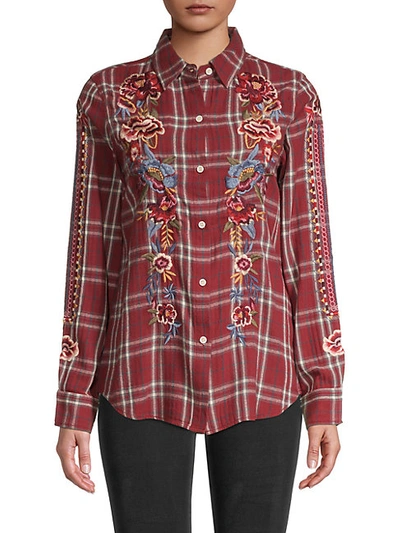 Shop Driftwood Lana Plaid Printed Button-front Shirt In Burgundy