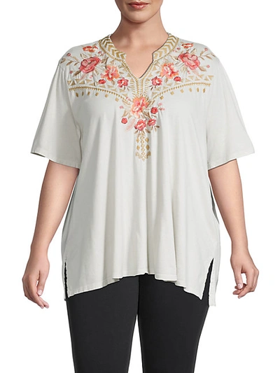 Shop Johnny Was Plus Rianne Floral-embroidered Tunic In Sand